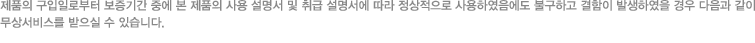 제품의 구입일로부터 보증기간 중에 본 제품의 사용 설명서 및 취급 설명서에 따라 정상적으로 사용하였음에도 불구하고 결함이 발생하였을 경우 다음과 같이 무상서비스를 받으실 수 있습니다.