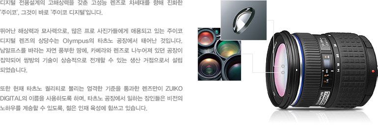 디지털 전용설계의 고해상력을 갖춘 고성능 렌즈로 차세대를 향해 진화한 '주이코', 그것이 바로 '주이코 디지털'입니다. 뛰어난 해상력과 묘사력으로, 많은 프로 사진가들에게 애용되고 있는 주이코 디지털 렌즈의 상당수는 Olympus의 타츠노 공장에서 태어난 것입니다. 남알프스를 바라는 자연 풍부한 땅에, 카메라와 렌즈로 나누어져 있던 공장이 집약되어 쌍방의 기술이 상승적으로 전개할 수 있는 생산 거점으로서 설립되었습니다. 또한 현재 타츠노 퀄리티로 불리는 엄격한 기준을 통과한 렌즈만이 ZUIKO DIGITAL의 이름을 사용하도록 하며, 타츠노 공장에서 일하는 장인들은 비전의 노하우를 계승할 수 있도록, 젊은 인재 육성에 힘쓰고 있습니다.