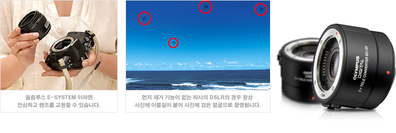 올림푸스 E-SYSTEM 이라면 안심하고 렌즈를 교환할 수 있습니다. / 먼지 제거 기능이 없는 타사의 DSLR의 경우 항상 사진에 이물질이 붙어 사진에 검은 얼굴으로 촬영됩니다.