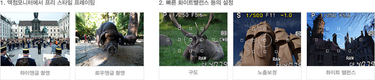 1. 액정모니터에서 프리 스타일 프레이밍:하이앵글 촬영/로우앵글 촬영 | 2. 빠른 화이트밸런스 등의 설정:구도/노출보정/화이트 밸런스