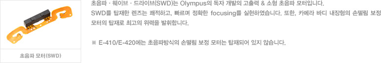 초음파·웨이브·드라이브(SWD)는 Olympus의 독자 개발의 고출력 & 소형 초음파 모터입니다. SWD를 탑재한 렌즈는 쾌적하고, 빠르며 정확한 focusing를 실현하였습니다. 또한, 카메라 바디 내장형의 손떨림 보정 모터의 탑재로 최고의 위력을 발휘합니다. /※ E-410/E-420에는 초음파방식의 손떨림 보정 모터는 탑재되어 있지 않습니다.