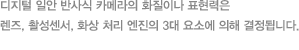 디지털 일안 반사식 카메라의 화질이나 표현력은 렌즈, 촬성센서, 화상 처리 엔진의 3대 요소에 의해 결정됩니다.