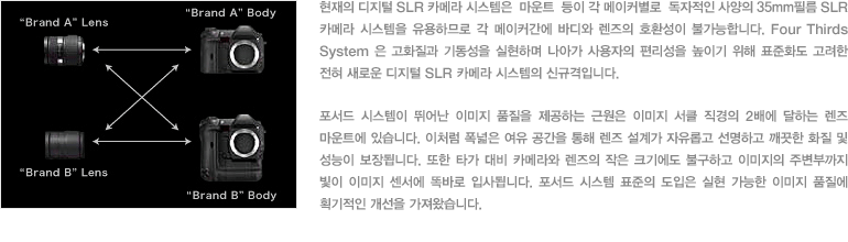 현재의 디지털 SLR 카메라 시스템은  마운트  등이 각 메이커별로  독자적인 사양의 35mm필름 SLR 카메라 시스템을 유용하므로 각 메이커간에 바디와 렌즈의 호환성이 불가능합니다. Four Thirds System 은 고화질과 기동성을 실현하며 나아가 사용자의 편리성을 높이기 위해 표준화도 고려한 전혀 새로운 디지털 SLR 카메라 시스템의 신규격입니다. 포서드 시스템이 뛰어난 이미지 품질을 제공하는 근원은 이미지 서클 직경의 2배에 달하는 렌즈 마운트에 있습니다. 이처럼 폭넓은 여유 공간을 통해 렌즈 설계가 자유롭고 선명하고 깨끗한 화질 및 성능이 보장됩니다. 또한 타가 대비 카메라와 렌즈의 작은 크기에도 불구하고 이미지의 주변부까지 빛이 이미지 센서에 똑바로 입사됩니다. 포서드 시스템 표준의 도입은 실현 가능한 이미지 품질에 획기적인 개선을 가져왔습니다.