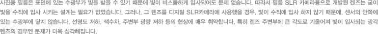 사진용 필름은 표면에 있는 수광부가 빛을 받을 수 있기 때문에 빛이 비스듬하게 입사되어도 문제 없습니다. 따라서 필름 SLR 카메라용으로 개발된 렌즈는 굳이 빛을 수직에 입사 시키는 설계는 필요가 없었습니다. 그러나, 그 렌즈를 디지털 SLR카메라에 사용했을 경우, 빛이 수직에 입사 하지 않기 때문에, 센서의 안쪽에 있는 수광부에 닿지 않습니다. 선명도 저하, 색수차, 주변부 광량 저하 등의 현상에 매우 취약합니다. 특히 렌즈 주변부에 큰 각도로 기울어져 빛이 입사되는 광각 렌즈의 경우엔 문제가 더욱 심각해집니다.